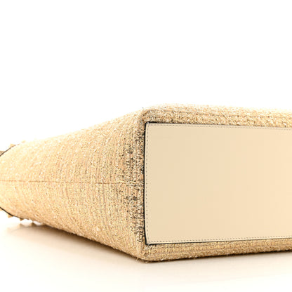 Valentino Garavani Metallic Boucle Raffia Calfskin Rockstud Shoulder Tote White Gold Ivory 8 of 9