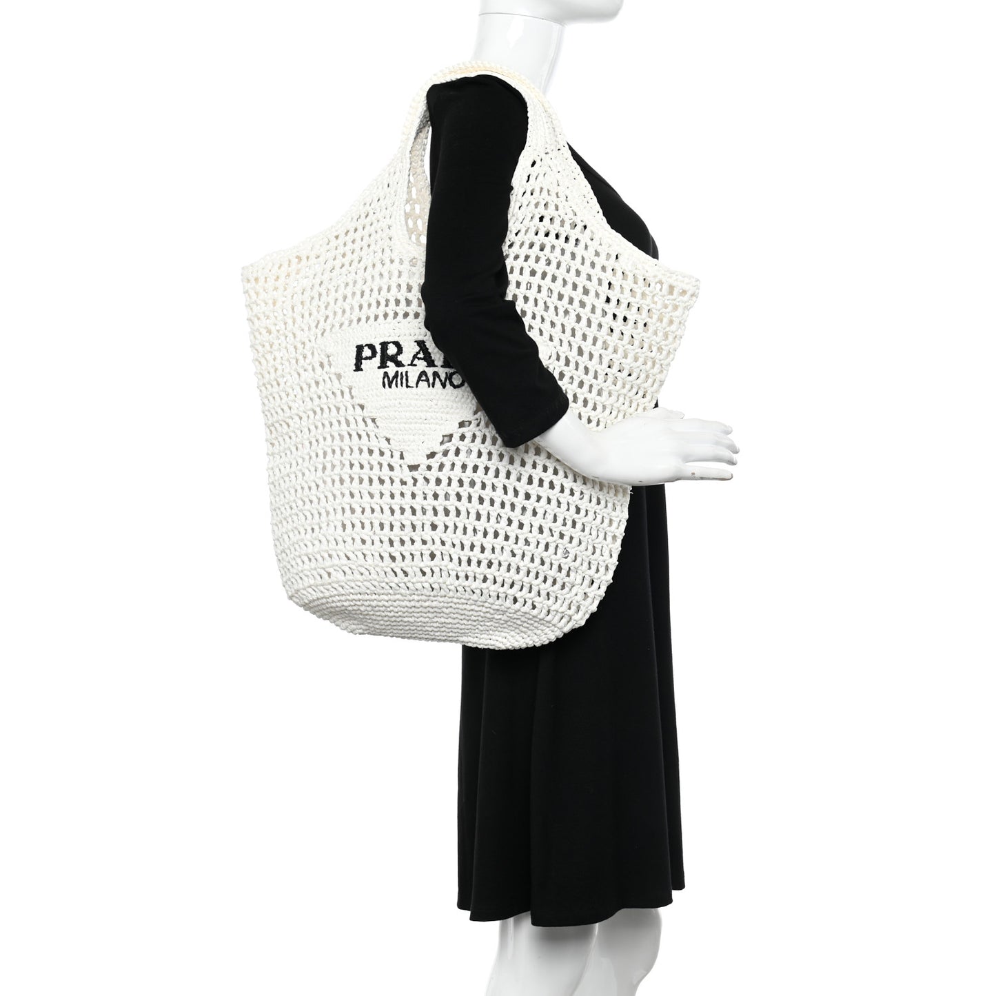 Yarn Raffia Effect Crochet Logo Embroidered Shopping Tote Bag White