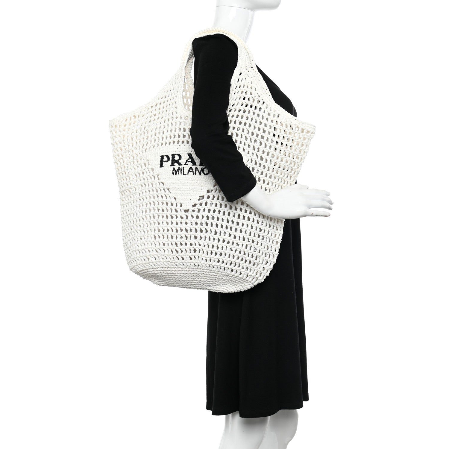 Prada Yarn Raffia Effect Crochet Logo Embroidered Shopping Tote Bag White 2 of 10