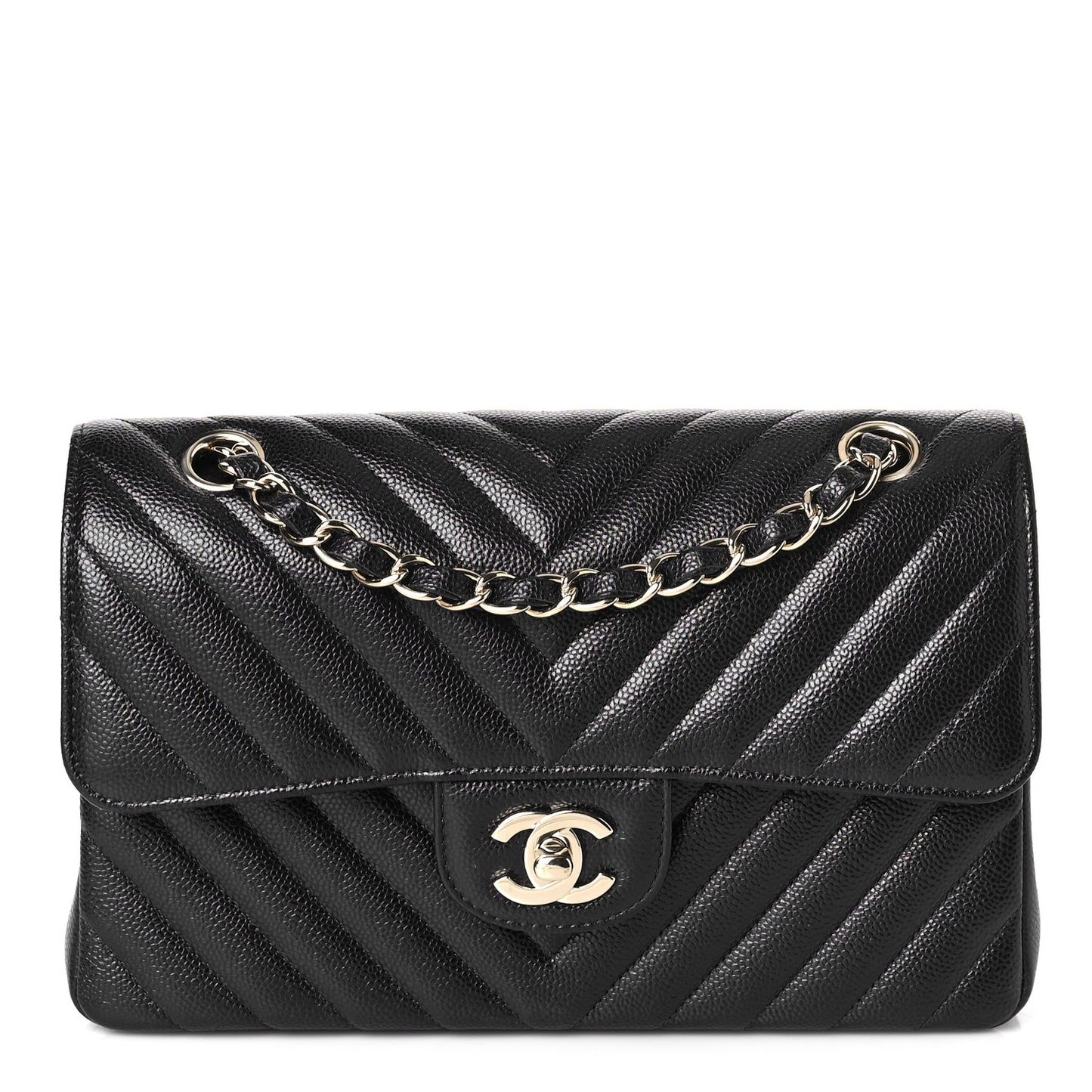 Caviar Chevron Quilted Small Double Flap Navy Blue
