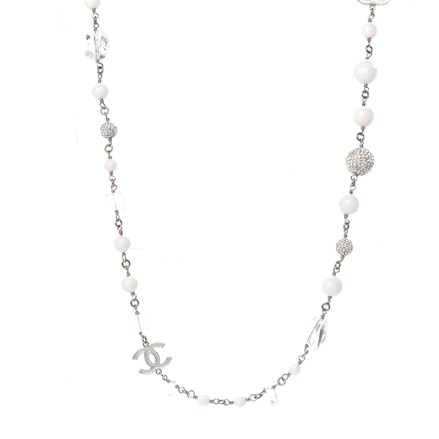 Crystal Bead CC Necklace Silver White