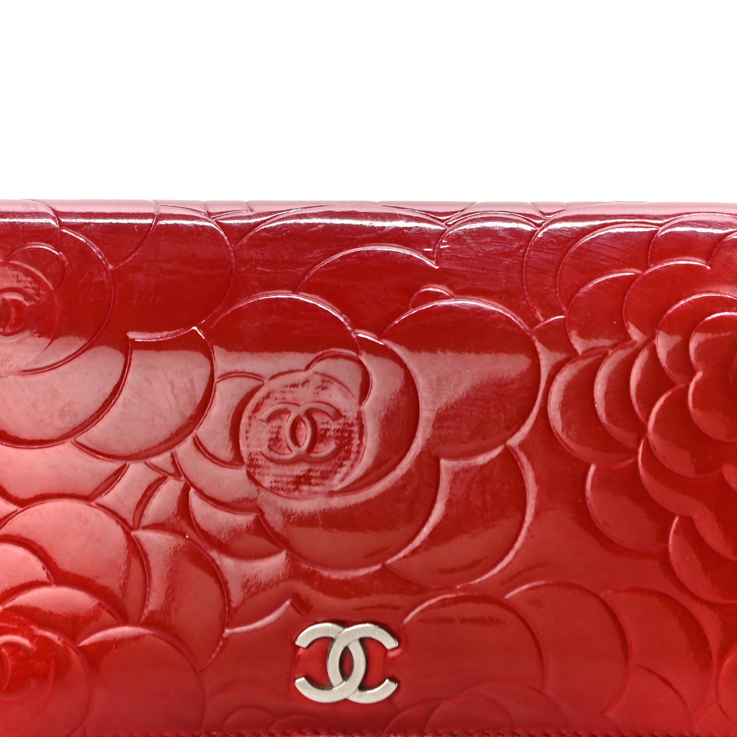 Patent Camellia Embossed Yen Wallet Red