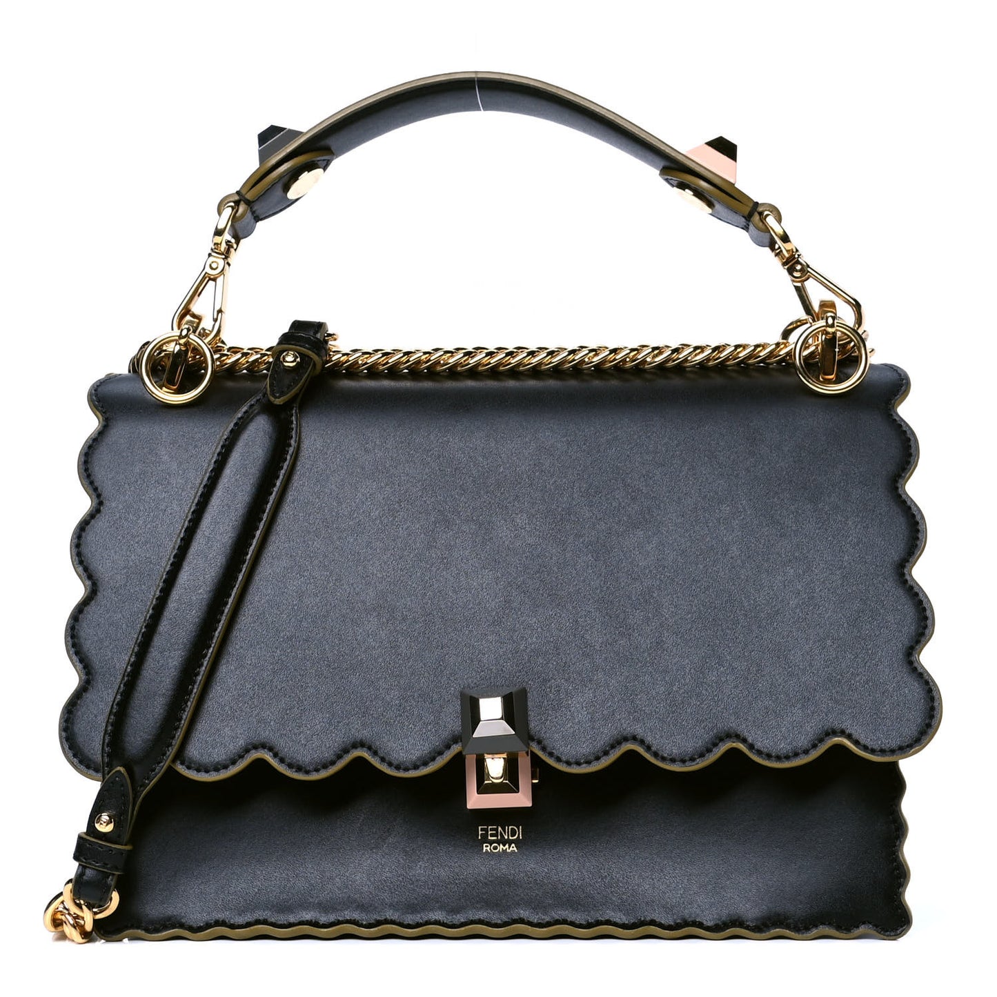 Vitello Liberty Scalloped Studded Kan I Shoulder Bag Black