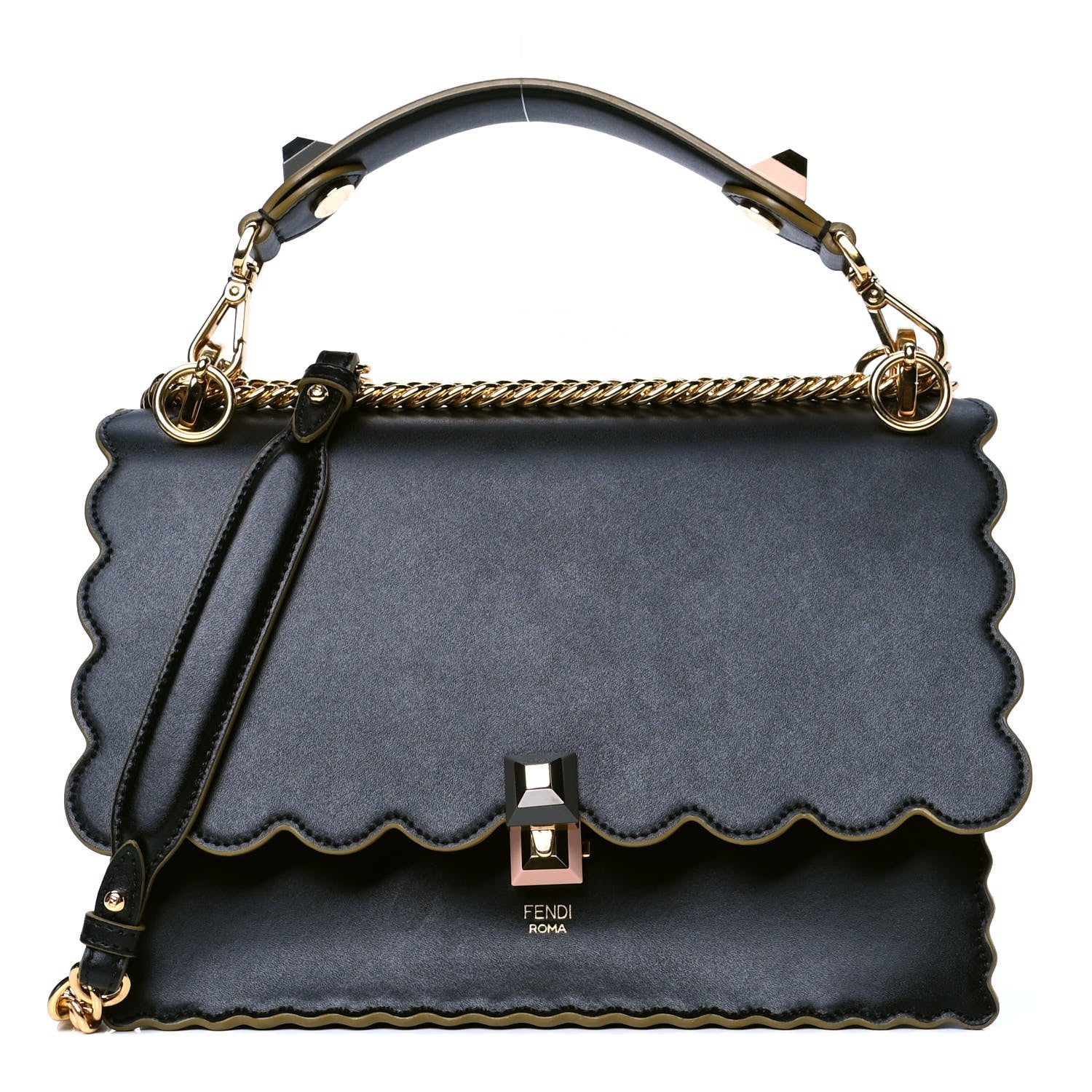 Fendi Vitello Liberty Scalloped Studded Kan I Shoulder Bag Black 1 of 4