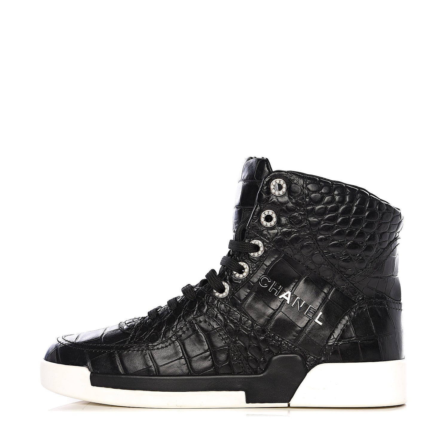 Calfskin Crocodile Embossed Cocodile High Top Sneakers 39 Black