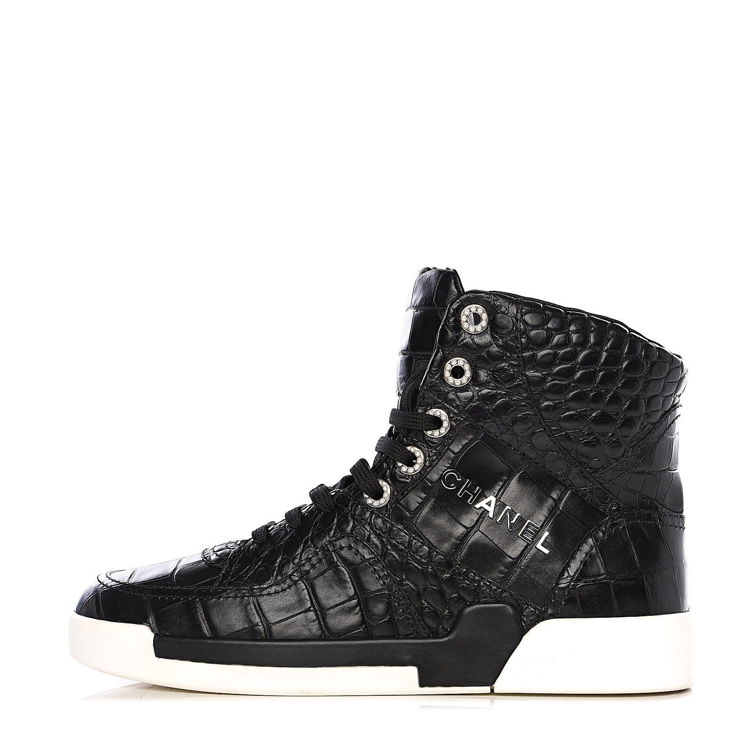 Chanel Calfskin Crocodile Embossed Cocodile High Top Sneakers 39 Black 1 of 10