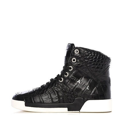 Chanel Calfskin Crocodile Embossed Cocodile High Top Sneakers 39 Black 1 of 10