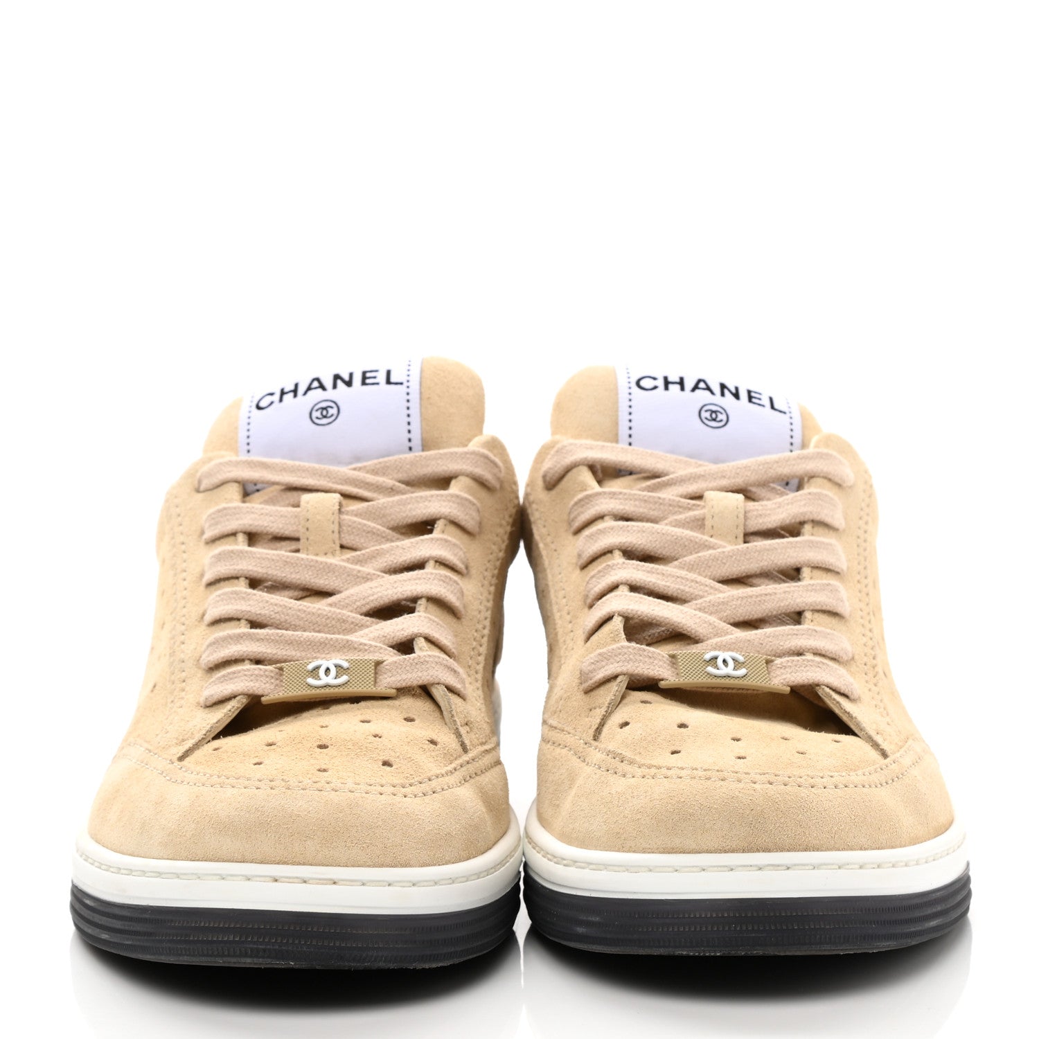 Chanel Suede Calfskin Logo Sneakers 38 Beige 2 of 9