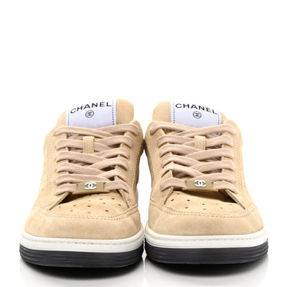 Chanel Suede Calfskin Logo Sneakers 38 Beige 2 of 9