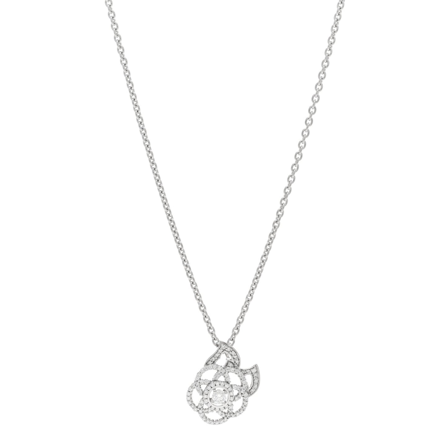 18K White Gold Diamond Camelia Pendant Necklace