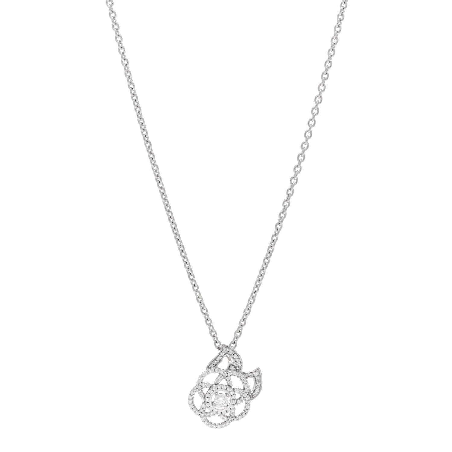 Chanel 18K White Gold Diamond Camelia Pendant Necklace 1 of 4