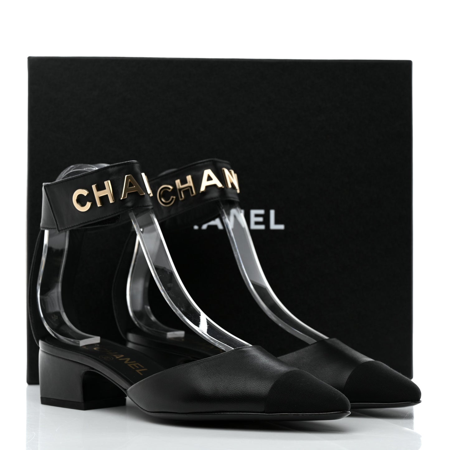 Lambskin Grosgrain Cap Toe Logo Ankle Strap Pumps 36.5 Black
