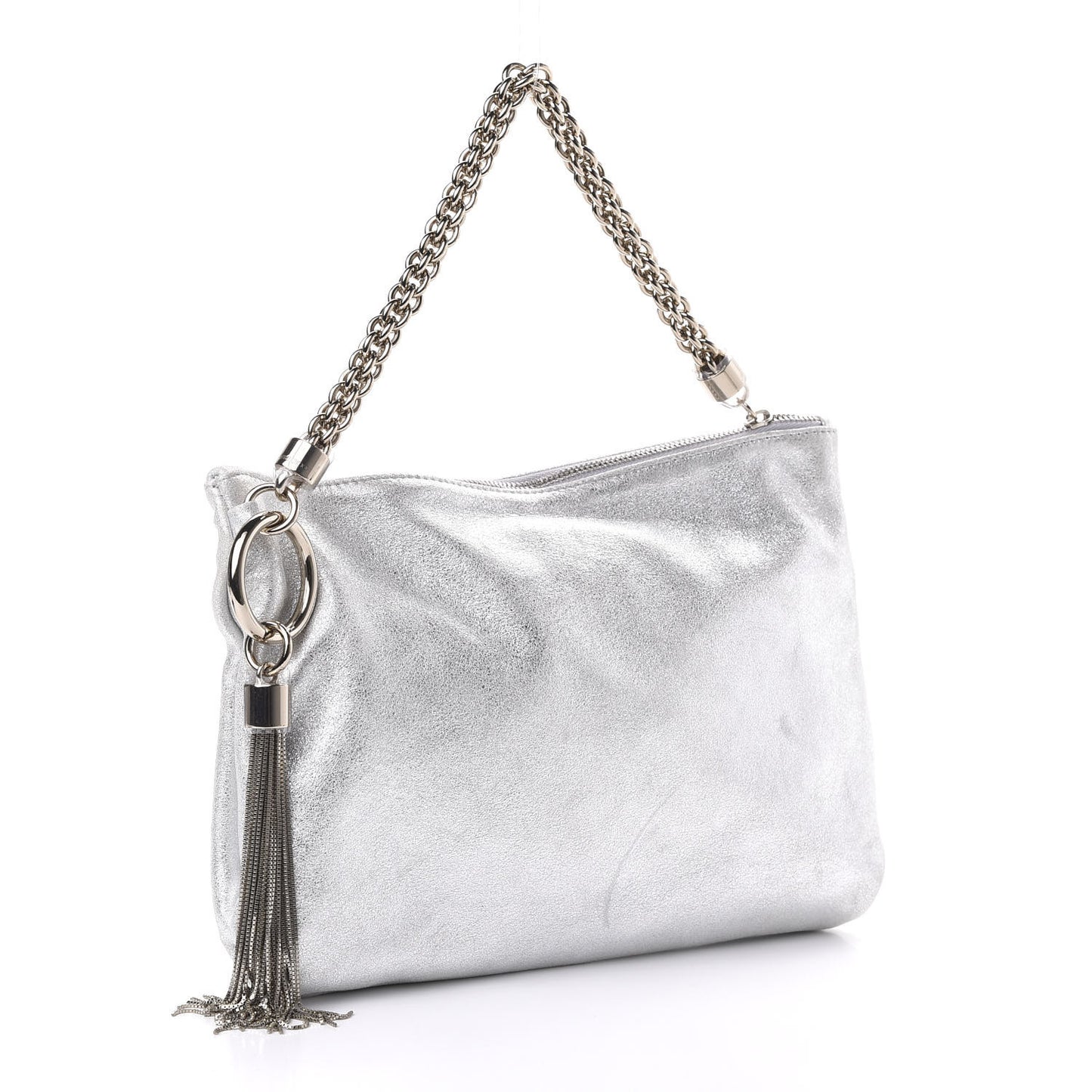 JIMMY CHOO Metallic Goatskin Callie Mea Tassel Shoulder Bag Silver