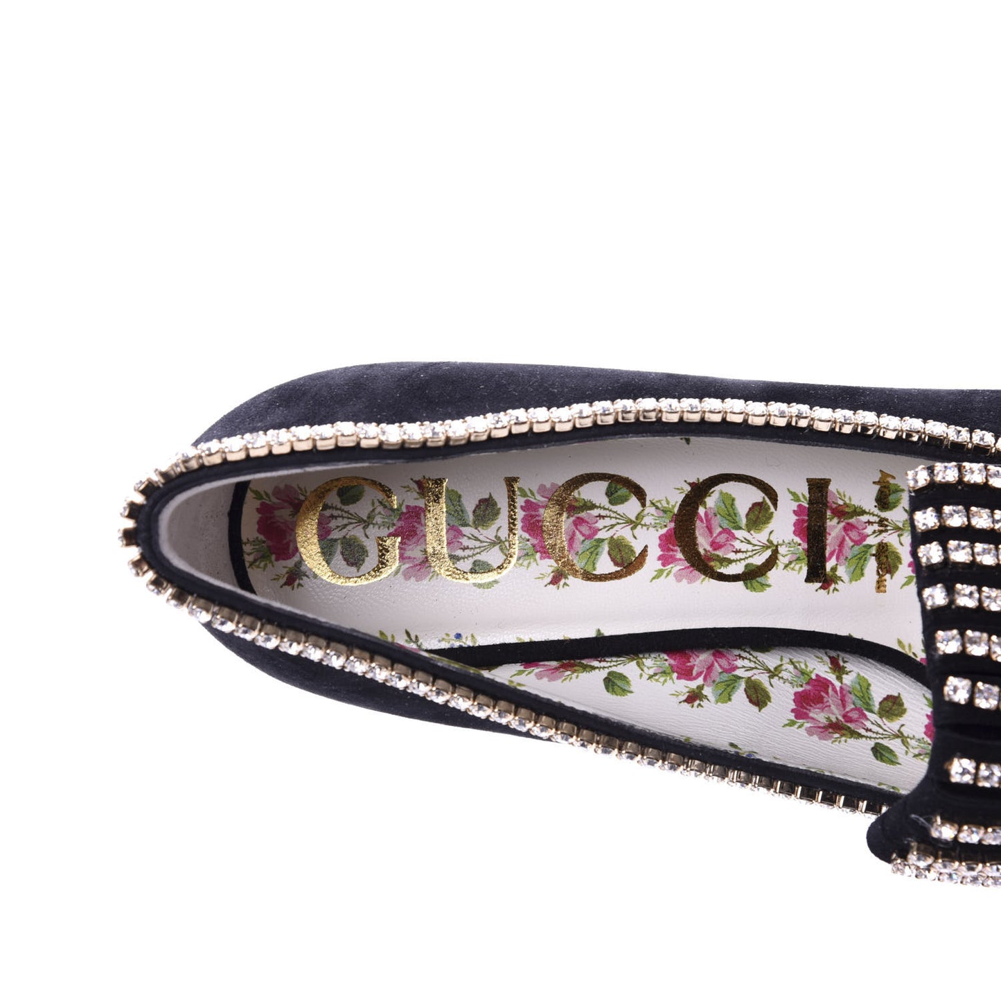 Kid Scamosciato Crystal GG Marmont Fringe 50mm Loafer Pumps 37.5 Black