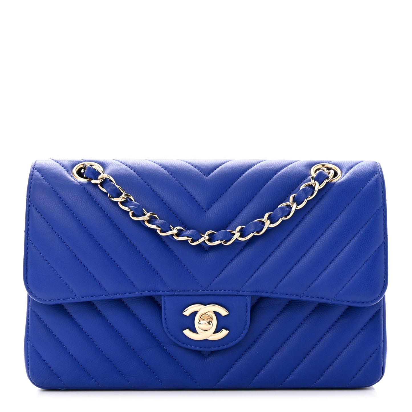 Caviar Chevron Quilted Small Double Flap Blue