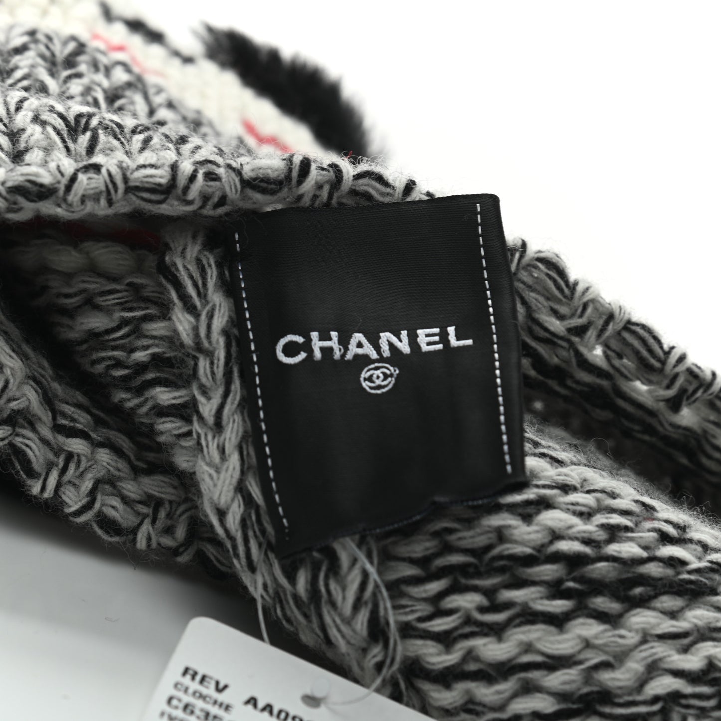 Wool Shearling CC Beanie Hat Ivory Black Red