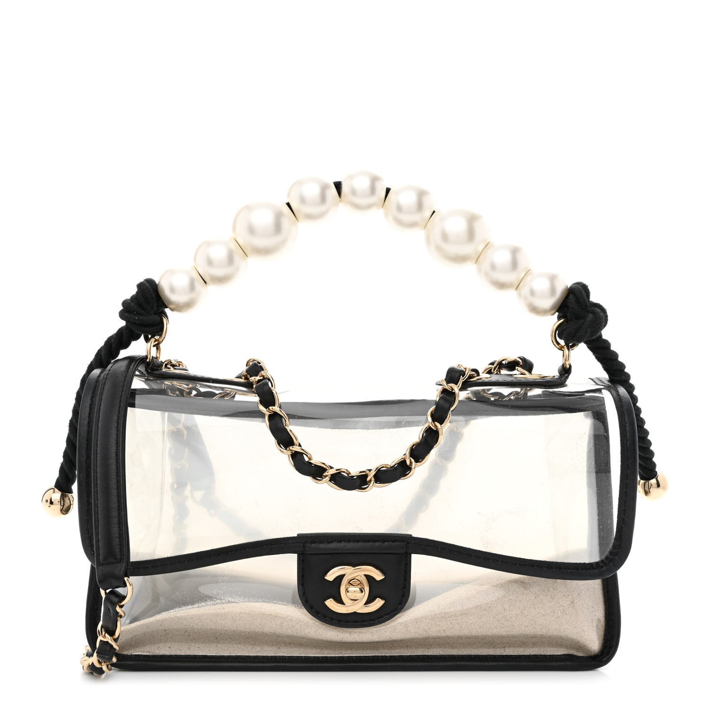 Lambskin PVC Sand By The Sea Flap With Pearl Strap Black