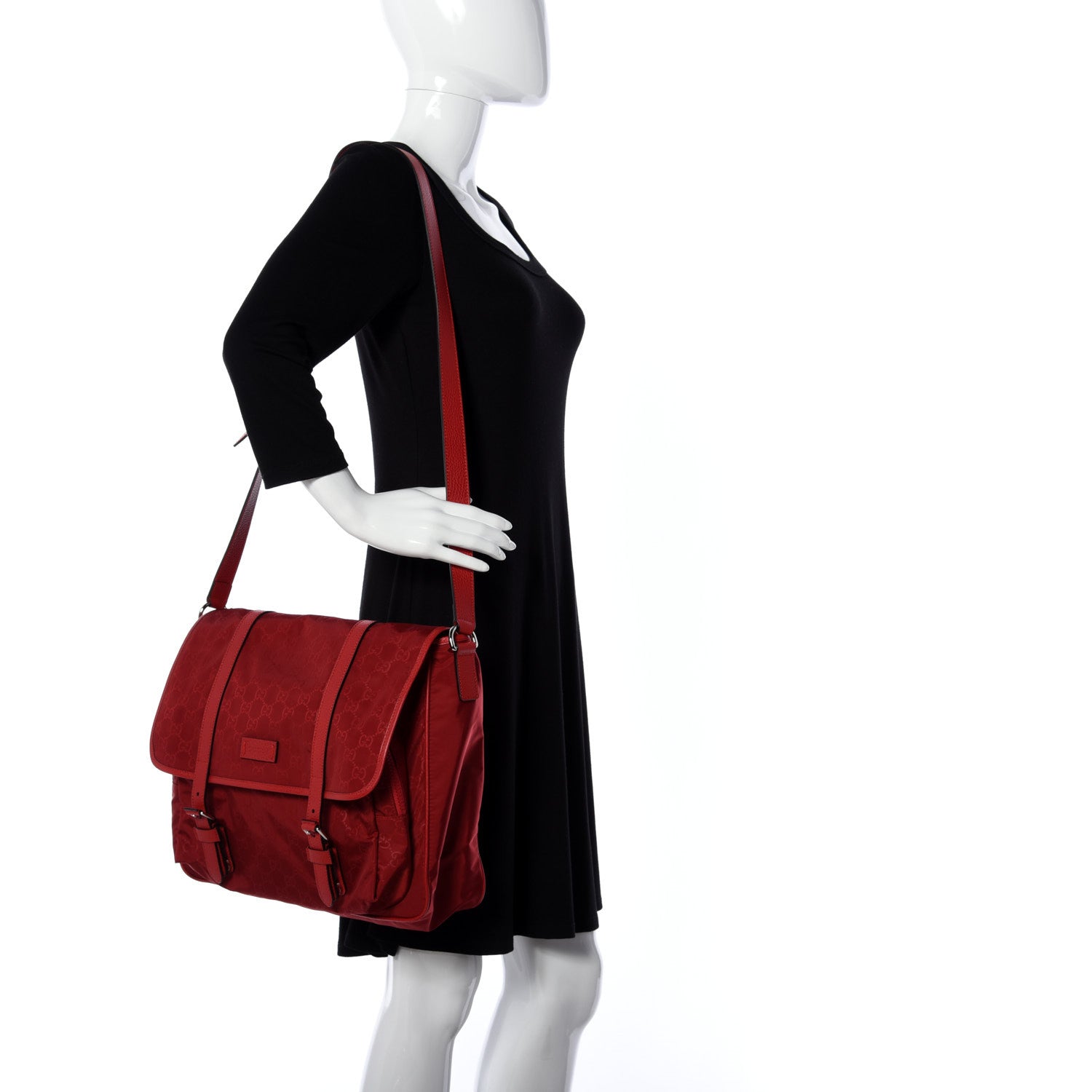 Gucci Nylon Monogram Double Buckle Flap Messenger Bag Vibrant Red 2 of 11