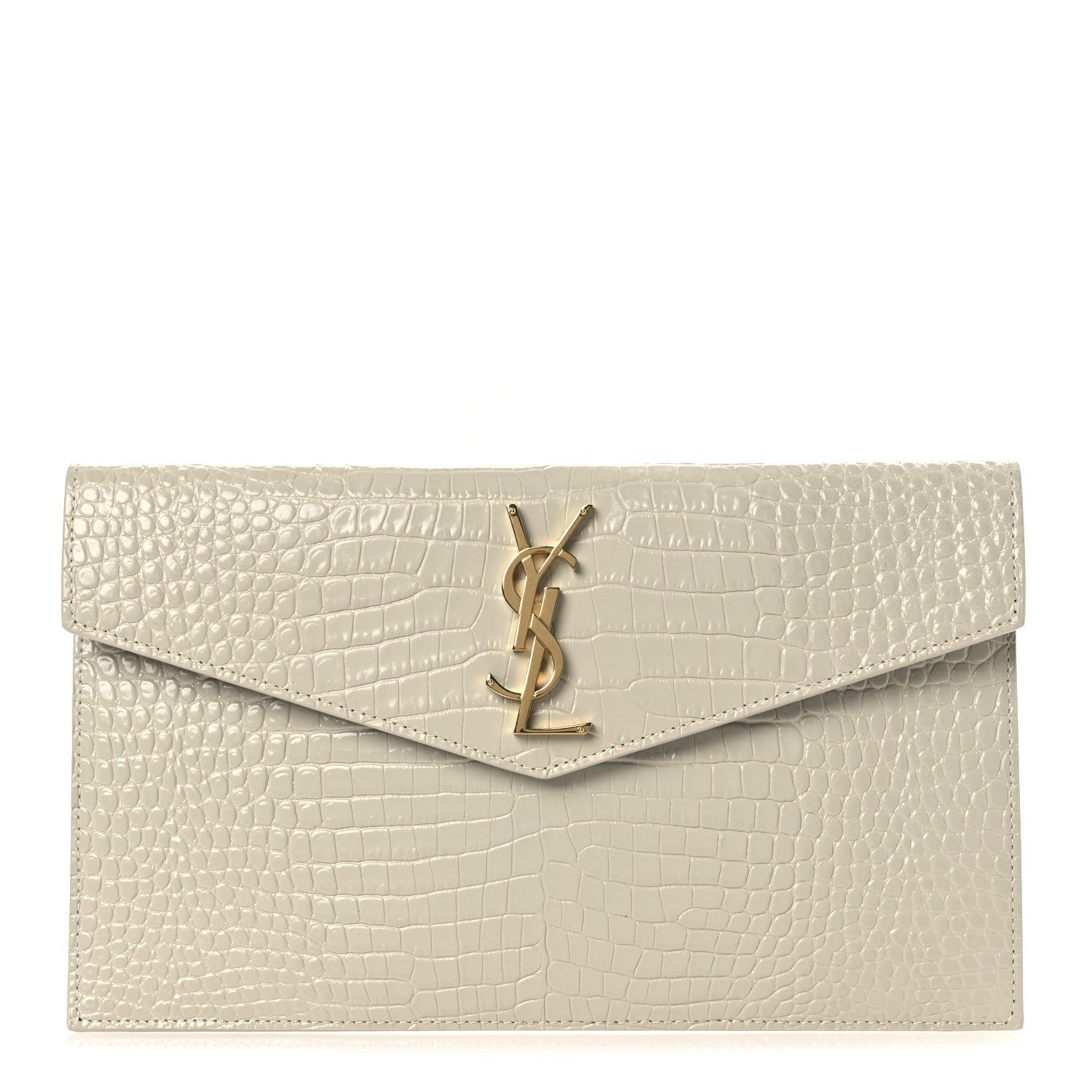Saint Laurent Calfskin Crocodile Embossed Uptown Monogram Pouch Crema Soft 1 of 7