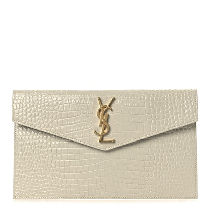 Saint Laurent Calfskin Crocodile Embossed Uptown Monogram Pouch Crema Soft 1 of 7