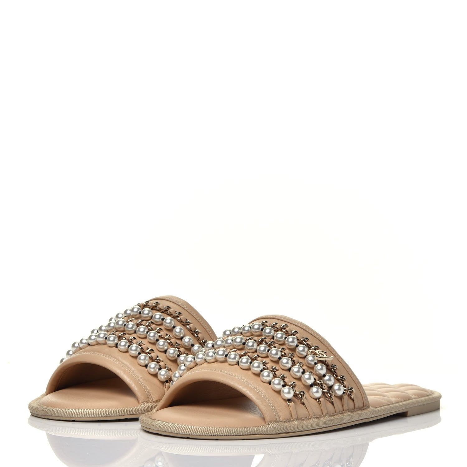 Chanel Lambskin Pearl Chain Flat Slipper Sandals M Beige 3 of 9