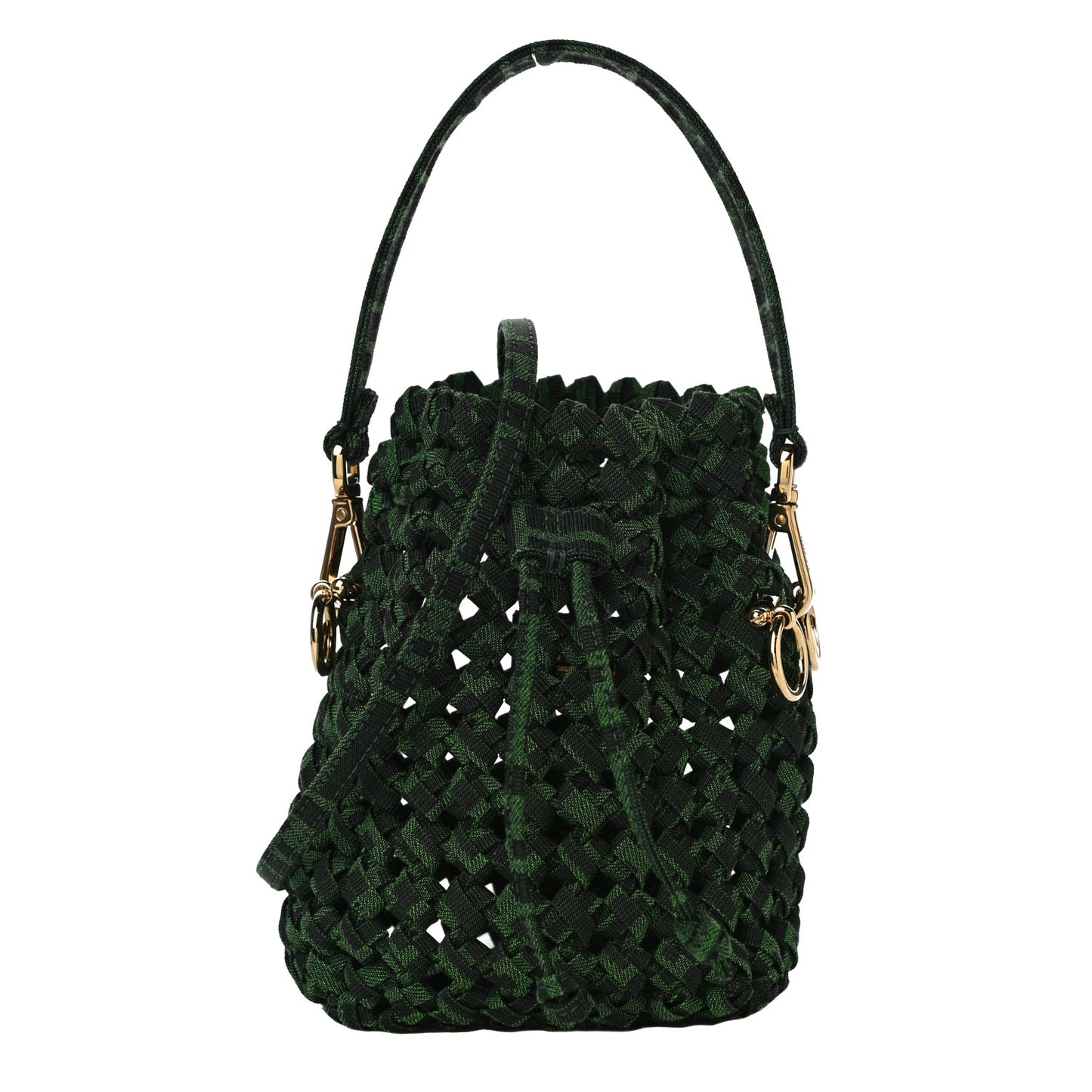 Fabric Jacquard F is Fendi FF 1974 Woven Knotted Mini Mon Tresor Bucket Bag Verde Black