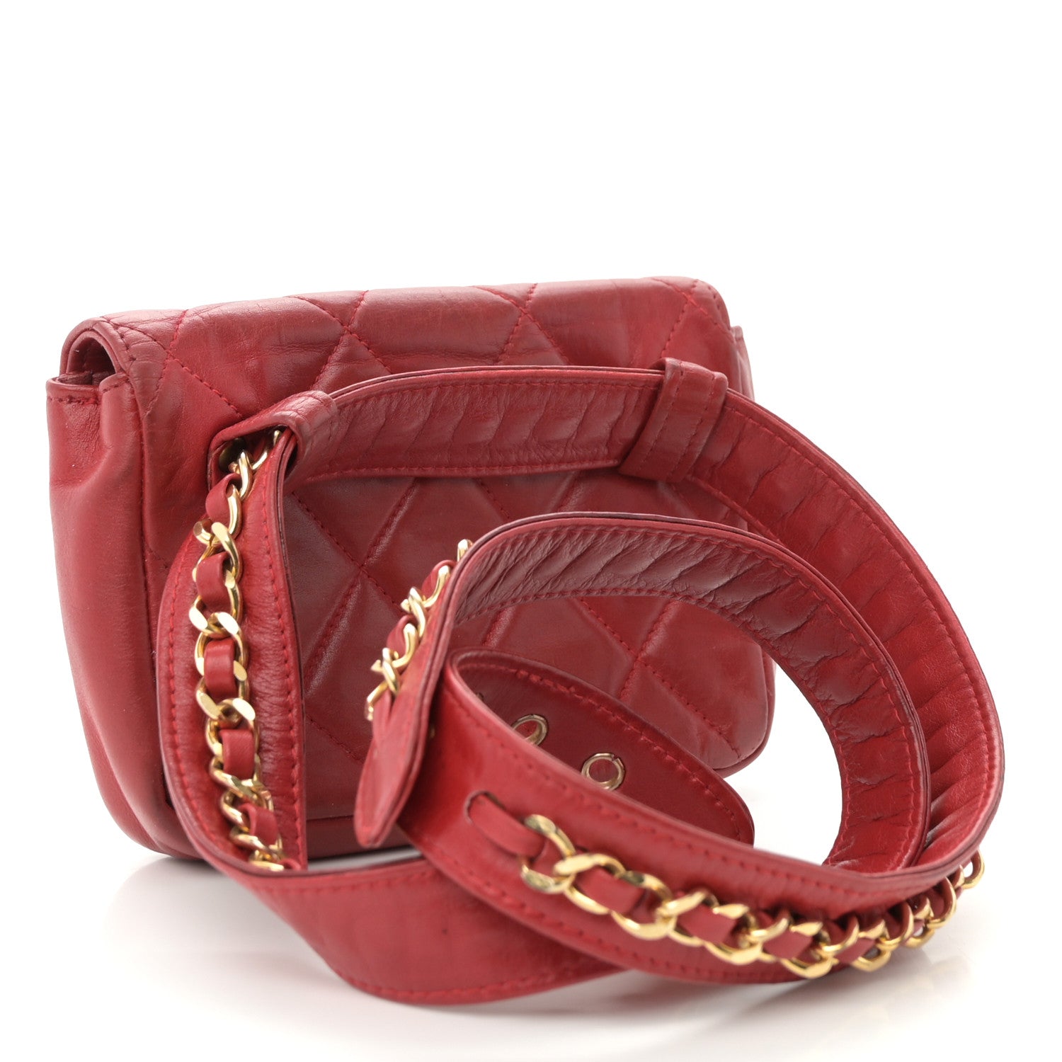 Chanel Lambskin Quilted Waist Chain Belt Flap Bag Red 3 of 14