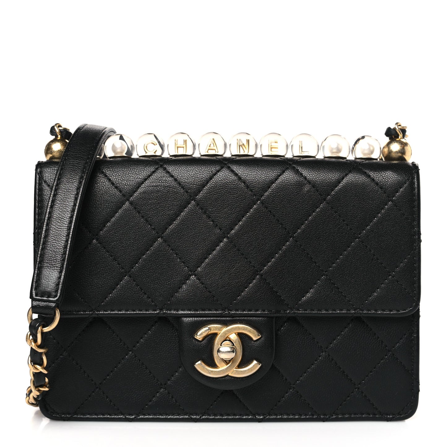 Goatskin Quilted Logo Small Chic Flap Black