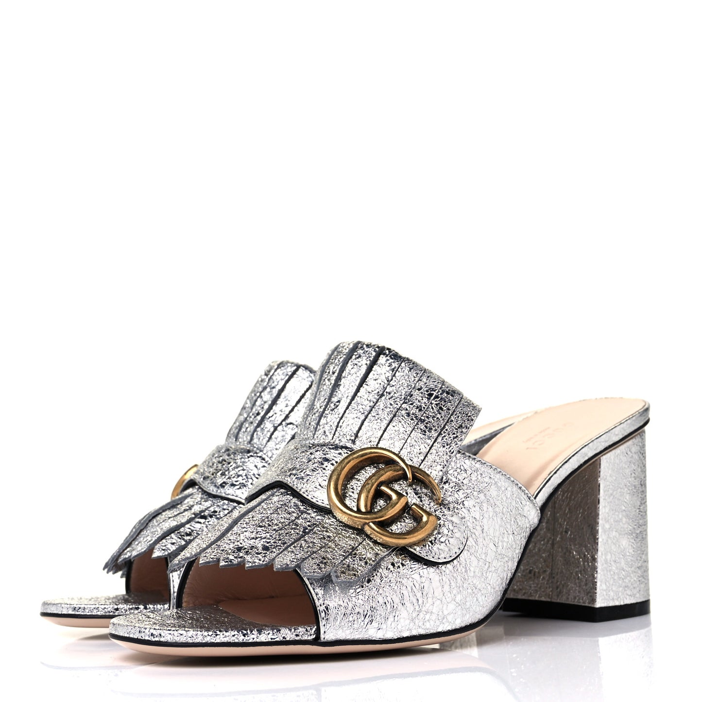 Galassia GG Marmont Fringe 75mm Slide Sandals 39.5 Argento