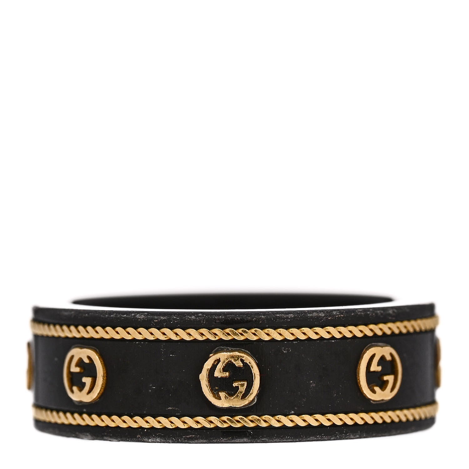 Gucci Black Synthetic Corundum 18K Yellow Gold Interlocking G Band Ring 56 7.75 3 of 8