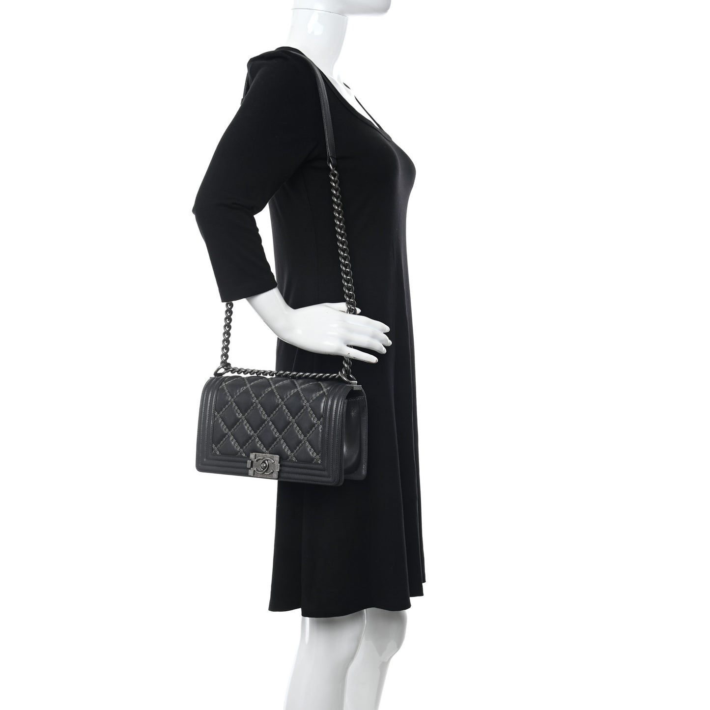 Iridescent Calfskin Embellished Double Stitch Medium Boy Flap Charcoal