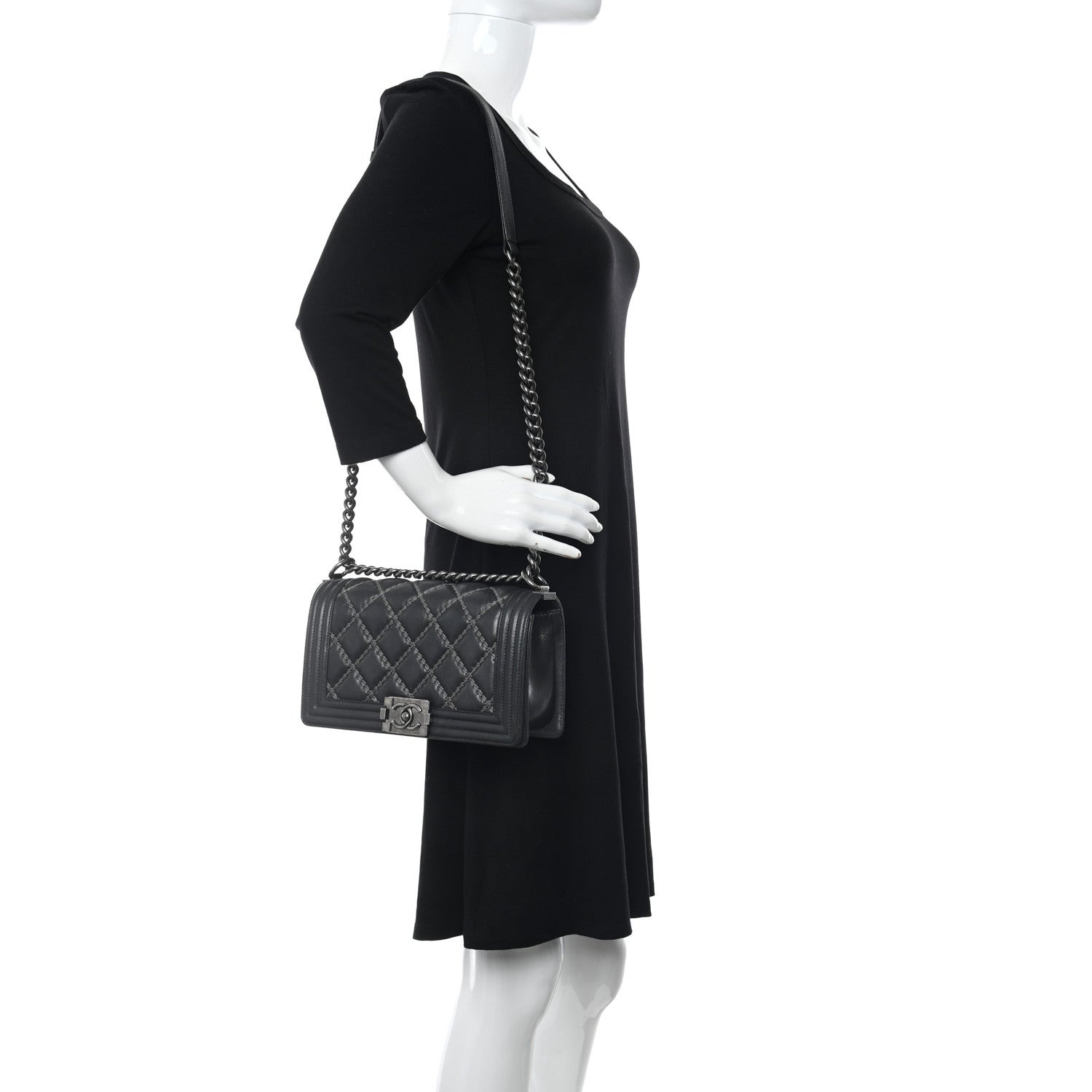 Chanel Iridescent Calfskin Embellished Double Stitch Medium Boy Flap Charcoal 2 of 16