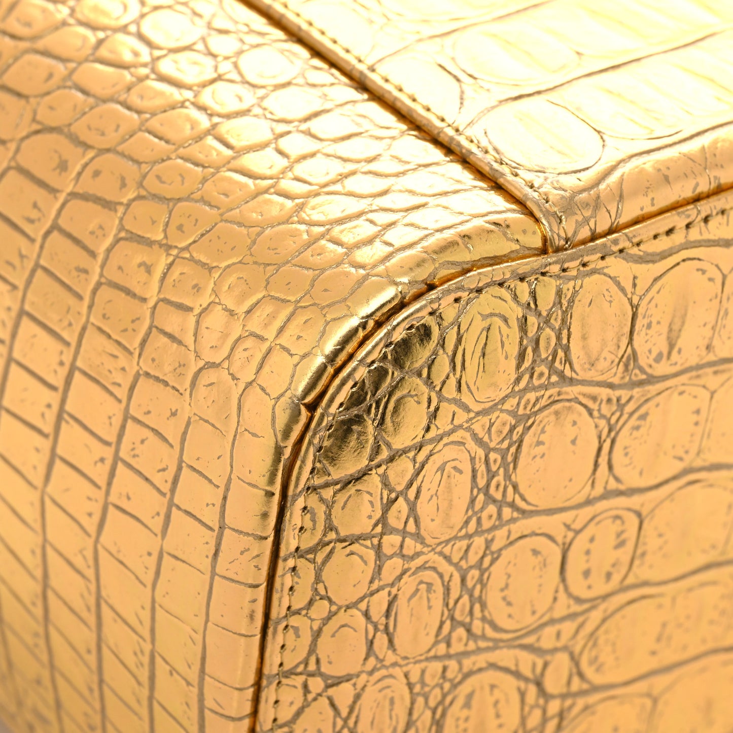 Metallic Calfskin Crocodile Embossed Cocodile Top Handle Vanity Gold