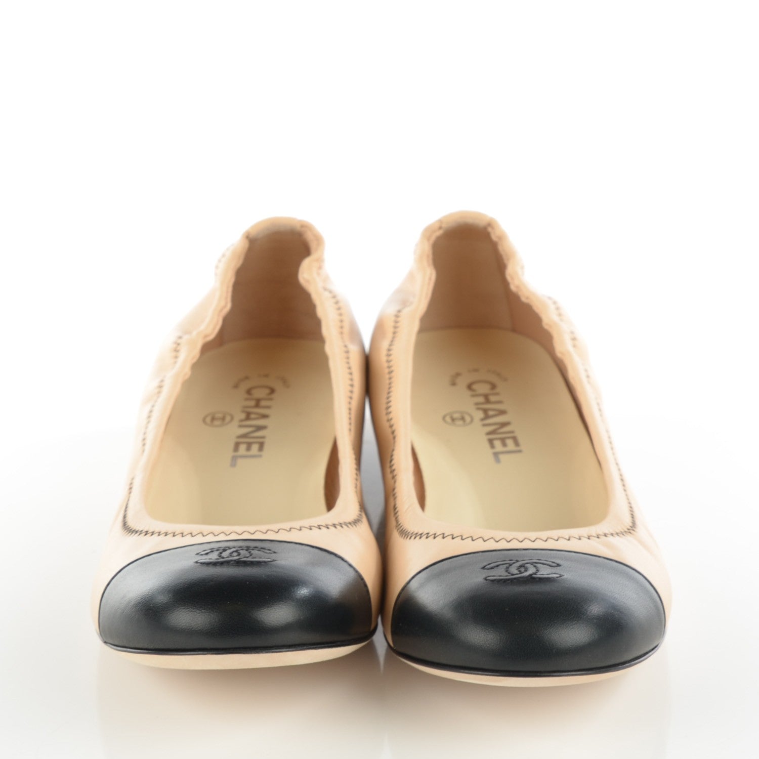 Chanel Lambskin Cap Toe CC Ballerina Flats 40 Beige Black 2 of 8