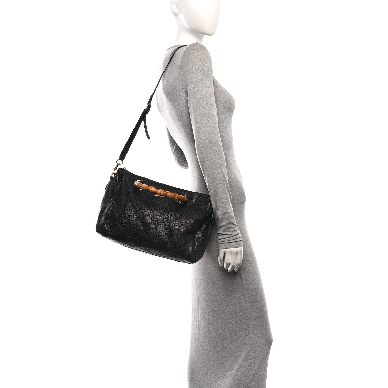 Gucci Pebbled Calfskin Medium Bamboo Shopper Tote Black 2 of 11