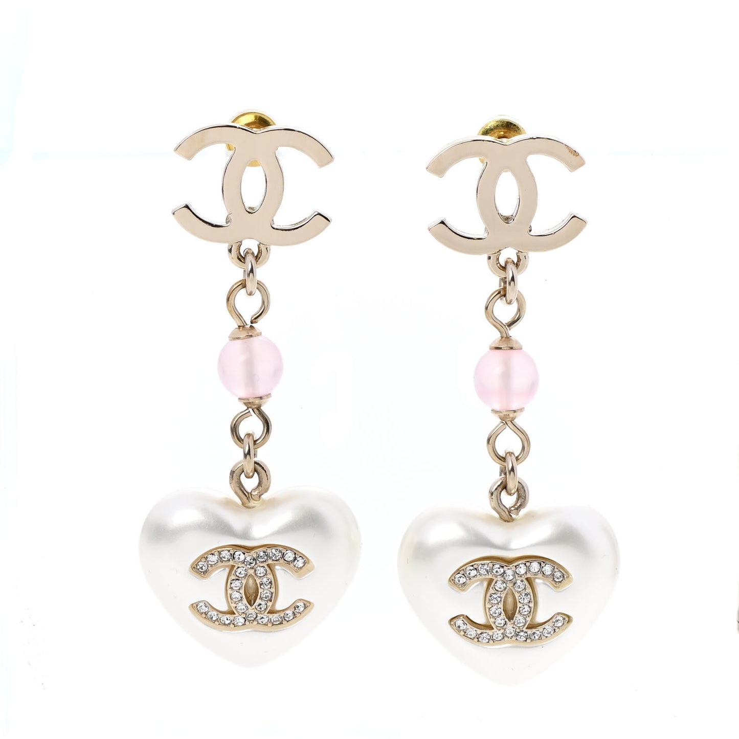 Metal Pearl Crystal Bead CC Heart Drop Earrings Pink Gold