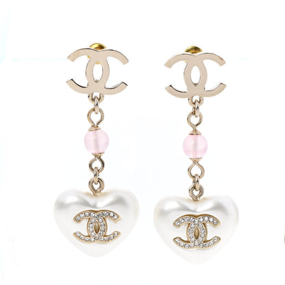 Chanel Metal Pearl Crystal Bead CC Heart Drop Earrings Pink Gold 1 of 4