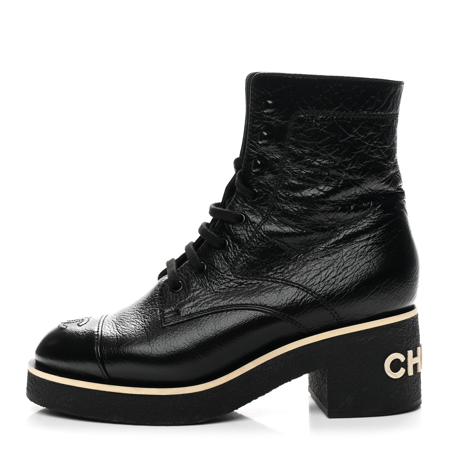Chanel Shiny Crumpled Lambskin Lace Up Combat Boots 39 Black 1 of 9
