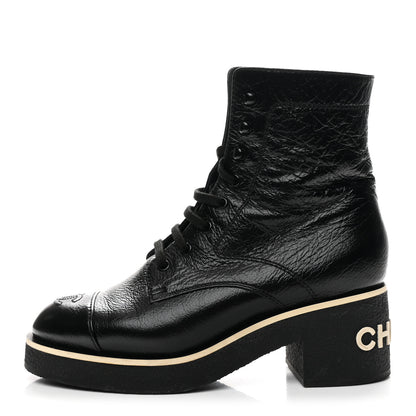 Chanel Shiny Crumpled Lambskin Lace Up Combat Boots 39 Black 1 of 9