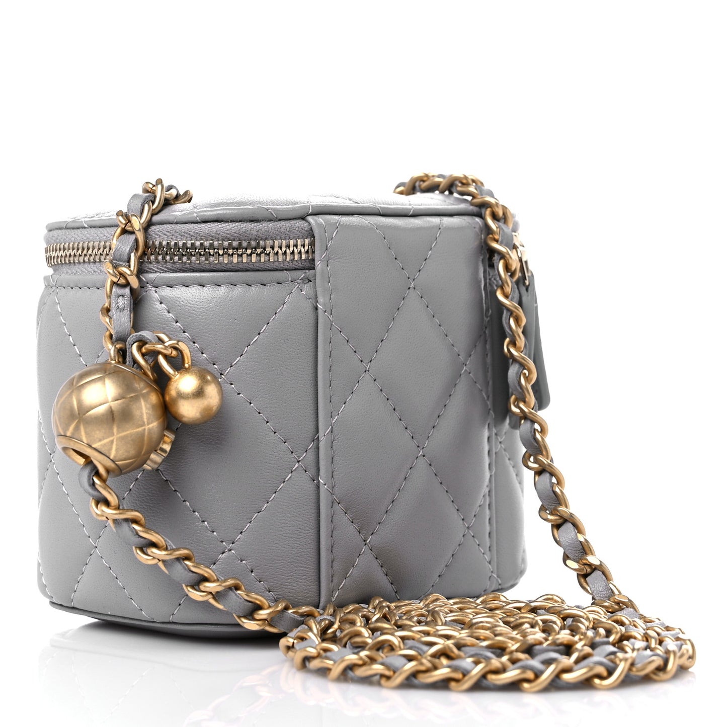 Lambskin Quilted Pearl Crush Mini Vanity Case With Chain Grey