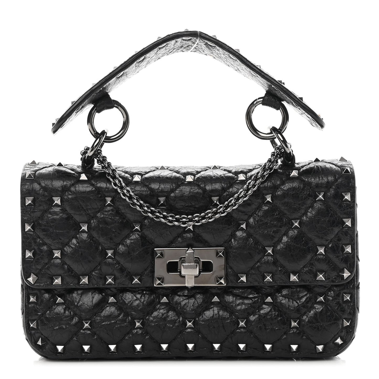 Craquele Nappa Small Rockstud Spike Shoulder Bag Black