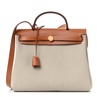 Hermes Military Toile Vache Hunter Herbag Zip Retourne 31 PM Beton Naturel 1 of 11