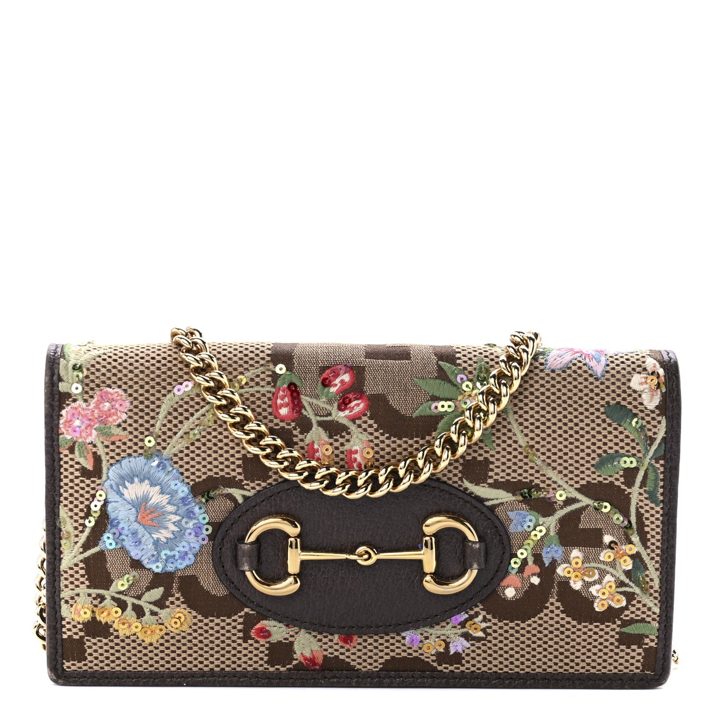 Monogram Jumbo GG Textured Dollar Calfskin Embroidered Horsebit 1955 Wallet On Chain Camel Ebony New Acero Multicolor