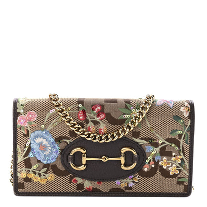 Gucci Monogram Jumbo GG Textured Dollar Calfskin Embroidered Horsebit 1955 Wallet On Chain Camel Ebony New Acero Multicolor 1 of 9