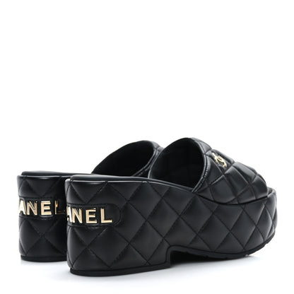Chanel Lambskin Quilted CC Mules Wedge Sandals 36 Black 4 of 9