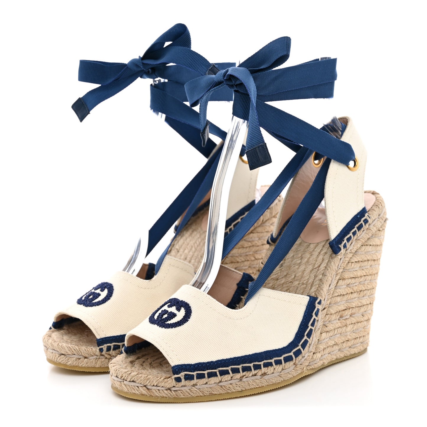 Canvas GG Ankle Wrap Platform Espadrille Wedges 37 Mystic White Royale Blue