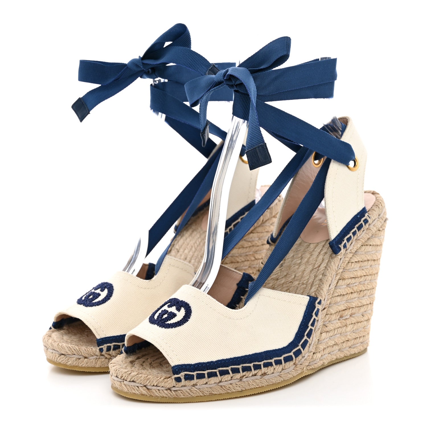 Gucci Canvas GG Ankle Wrap Platform Espadrille Wedges 37 Mystic White Royale Blue 4 of 12