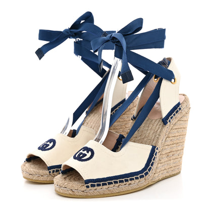 Gucci Canvas GG Ankle Wrap Platform Espadrille Wedges 37 Mystic White Royale Blue 4 of 12