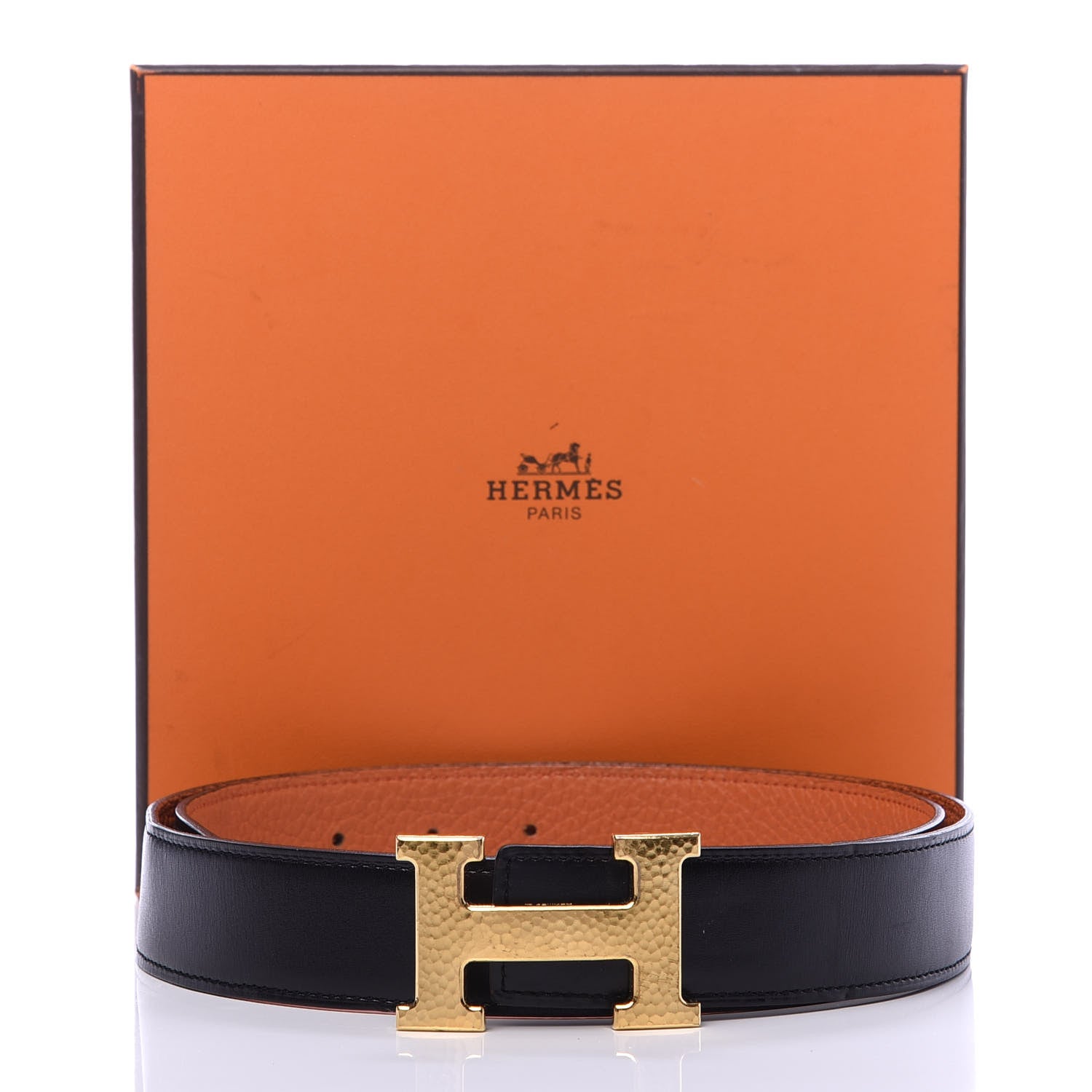 Hermes Box Togo 32mm Martelee H Belt 90 Black Orange 8 of 8