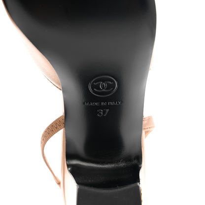Chanel Goatskin Grosgrain Cap Toe CC Slingback Pumps 37 Beige Black 6 of 9